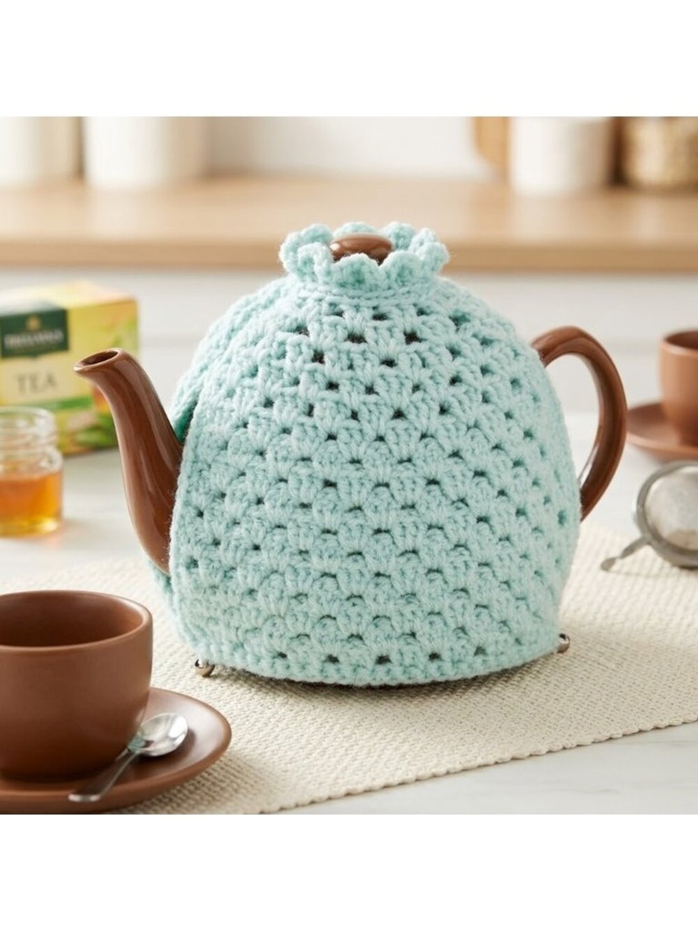 Handmade Crochet Tea Cozy seafoam Granny Stitch Vintage Style Cottagecore